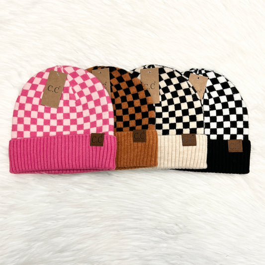 C.C Checkered Cuff Beanies for Adults, Winter Hat, Winter Beanie, Premium Beanie, Warm Beanie, Colorful Beanie, Holiday Gift, Birthday Gift