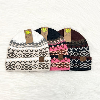 C.C Aztec Style Cuff Beanies (Adults), Winter Hat, Winter Beanie, Premium Beanie, Warm Beanie, Colorful Beanie, Holiday Gift, Birthday Gift