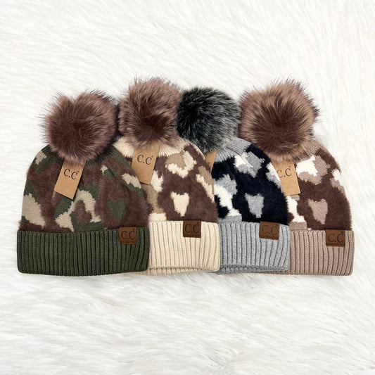 C.C Camo Print Pom Beanie, Winter Hat, Winter Beanie, Knit Beanie