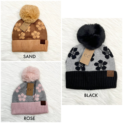 C.C Floral Pom for Adults, Flower Winter Beanie, Winter Hats, Premium Hats, Warm Hats, Winter Accessories, Hair Accessories