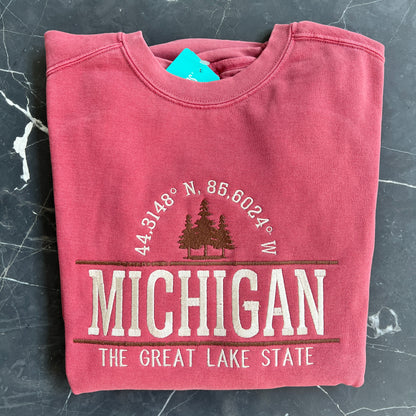 Michigan Pine Trees, Coordinates and The Great Lake State Crewneck