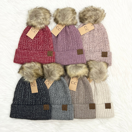 C.C Cable Knit Mix Pom Beanie, Winter Hat, Winter Beanie, Knit Beanie