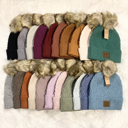 C.C Beanies Diagonal Pom Beanie for Adults, Winter Hats, Premium Hats, Warm Hats, Winter Accessories, Hair Accessories