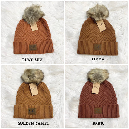 C.C Beanies Diagonal Pom Beanie for Adults, Winter Hats, Premium Hats, Warm Hats, Winter Accessories, Hair Accessories