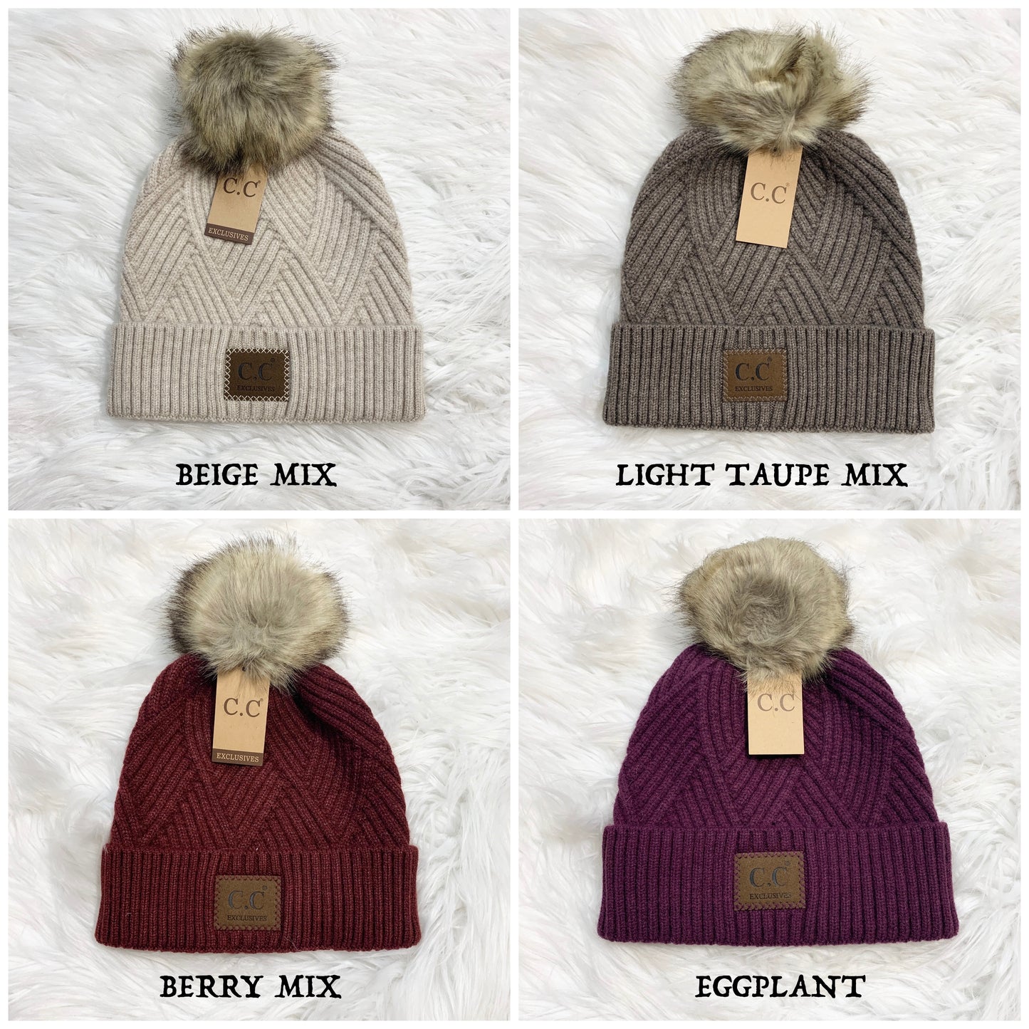 C.C Beanies Diagonal Pom Beanie for Adults, Winter Hats, Premium Hats, Warm Hats, Winter Accessories, Hair Accessories