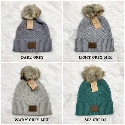 C.C Beanies Diagonal Pom Beanie for Adults, Winter Hats, Premium Hats, Warm Hats, Winter Accessories, Hair Accessories