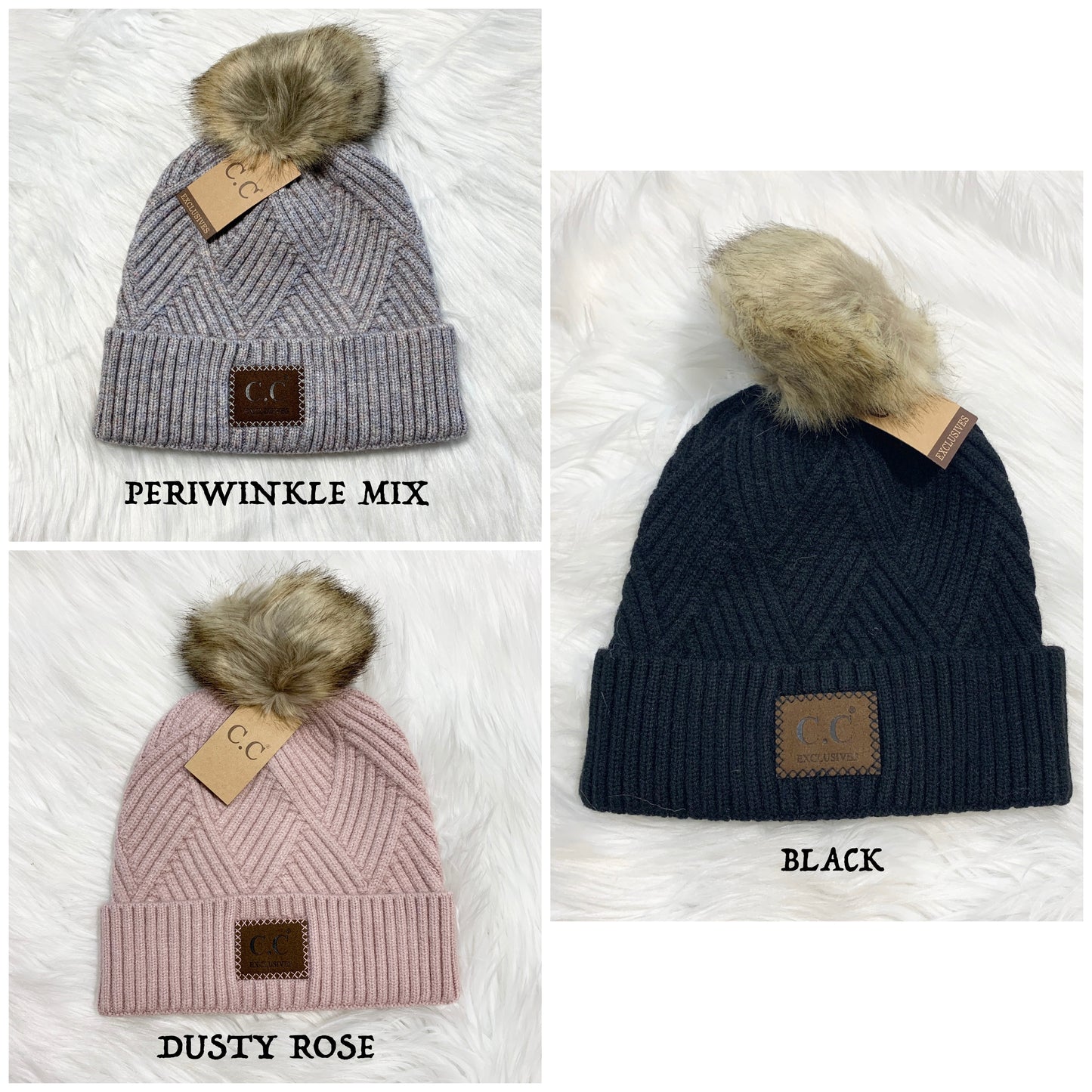 C.C Beanies Diagonal Pom Beanie for Adults, Winter Hats, Premium Hats, Warm Hats, Winter Accessories, Hair Accessories