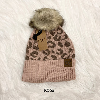 C.C Leopard Color Pom Beanie for Adults, Winter Hats, Premium Hats, Warm Hats, Winter Accessories, CCBeanies, CC Leopard Hat, Cheetah Print Beanies, Gifts for Her