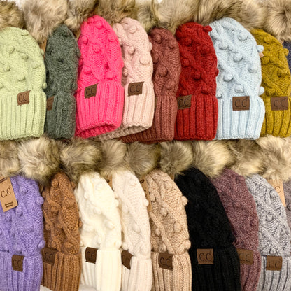 C.C Bobble Knit Lined Pom Beanies for Adults, Cute Beanie, Warm Beanie, Winter Beanie, Fuzzy Lined Beanie, Holiday Gift, Warm Winter Gift