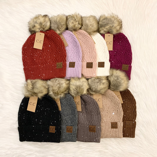 C.C Sparkly Sequin Pom Beanies for Adults, Winter Hats, Winter Beanies, Premium Hats