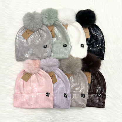 C.C Clear Sequin Pom Beanies (Adults), Winter Hat, Winter Beanie, Premium Beanie, Warm Beanie, Colorful Beanie, Holiday Gift, Birthday Gift