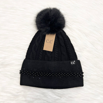 C.C Pearl Rhinestone Cuff Pom Beanie for Adults, Winter Hats, Premium Hats, Warm Hats, Winter Accessories, Hair Accessories, Pearl Pom Gift, CC Beanies