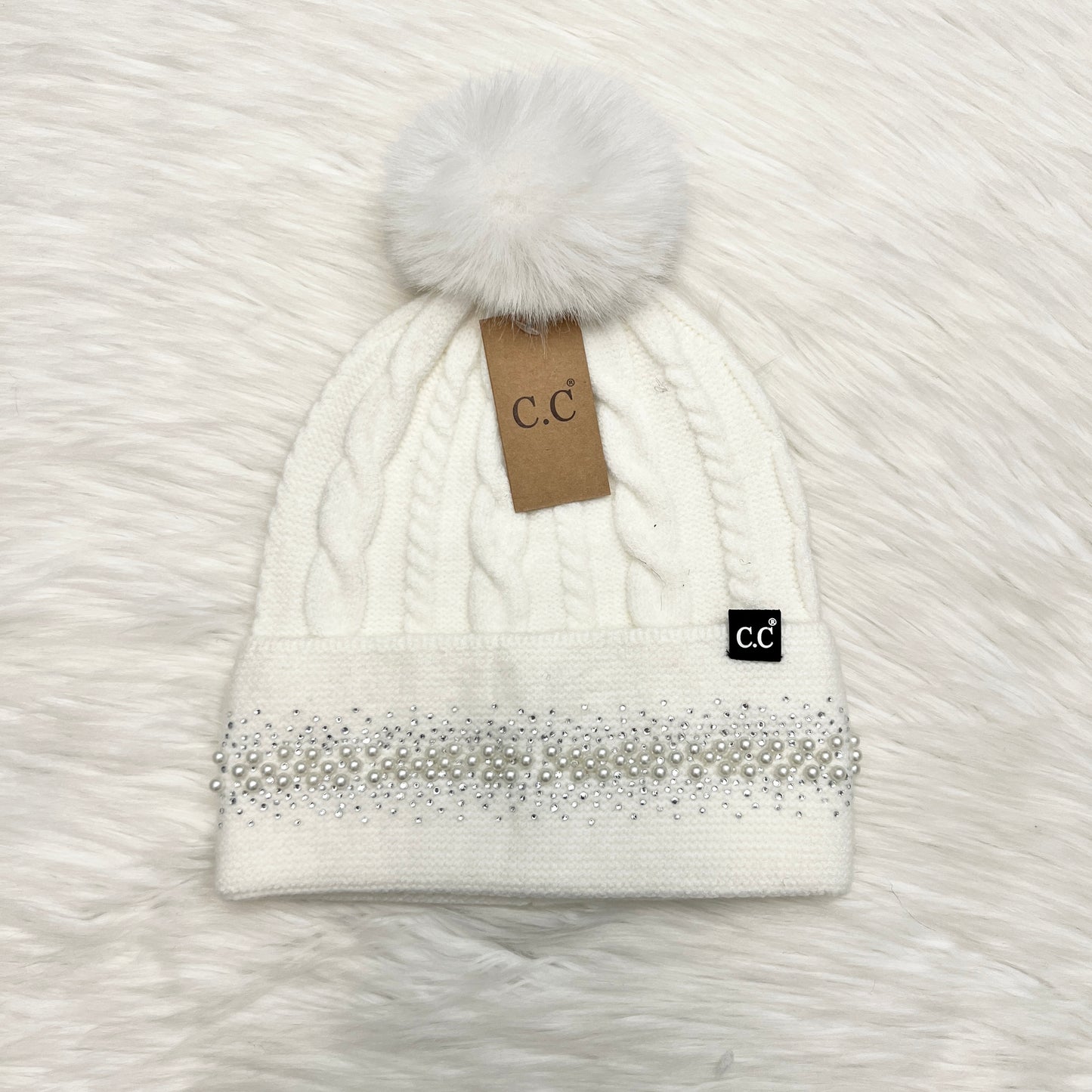 C.C Pearl Rhinestone Cuff Pom Beanie for Adults, Winter Hats, Premium Hats, Warm Hats, Winter Accessories, Hair Accessories, Pearl Pom Gift, CC Beanies