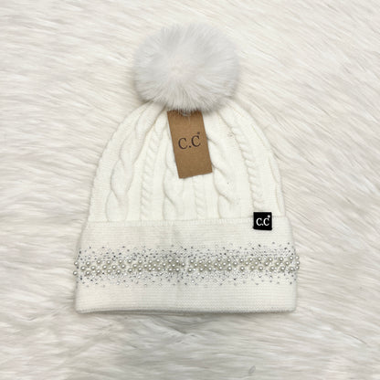 C.C Pearl Rhinestone Cuff Pom Beanie for Adults, Winter Hats, Premium Hats, Warm Hats, Winter Accessories, Hair Accessories, Pearl Pom Gift, CC Beanies