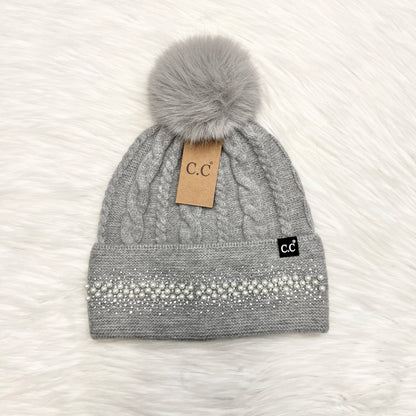 C.C Pearl Rhinestone Cuff Pom Beanie for Adults, Winter Hats, Premium Hats, Warm Hats, Winter Accessories, Hair Accessories, Pearl Pom Gift, CC Beanies