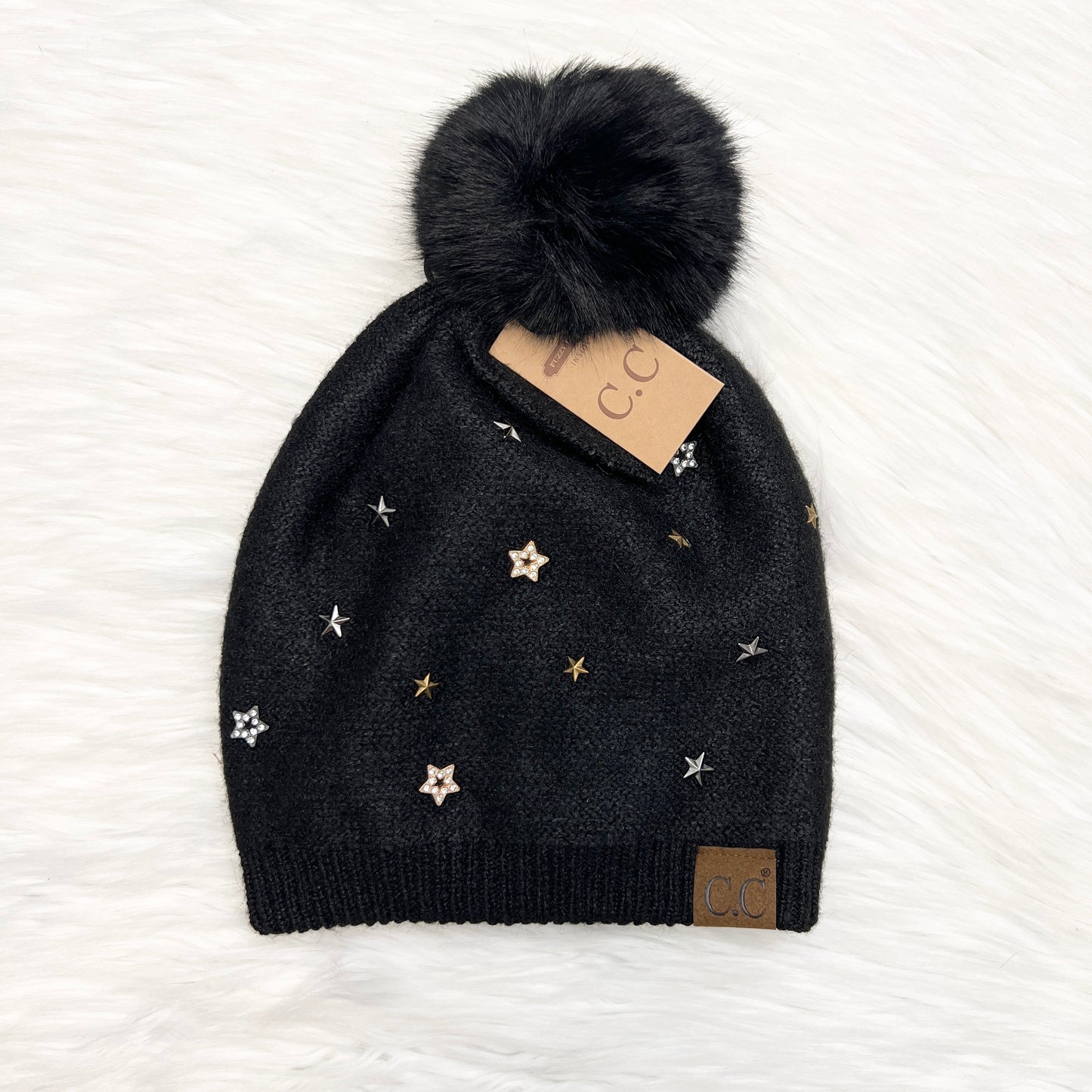 C.C Studded Star Pom Pom Beanie for Adults, Winter Hats, Premium Hats, Warm Hats, Winter Accessories, Hair Accessories