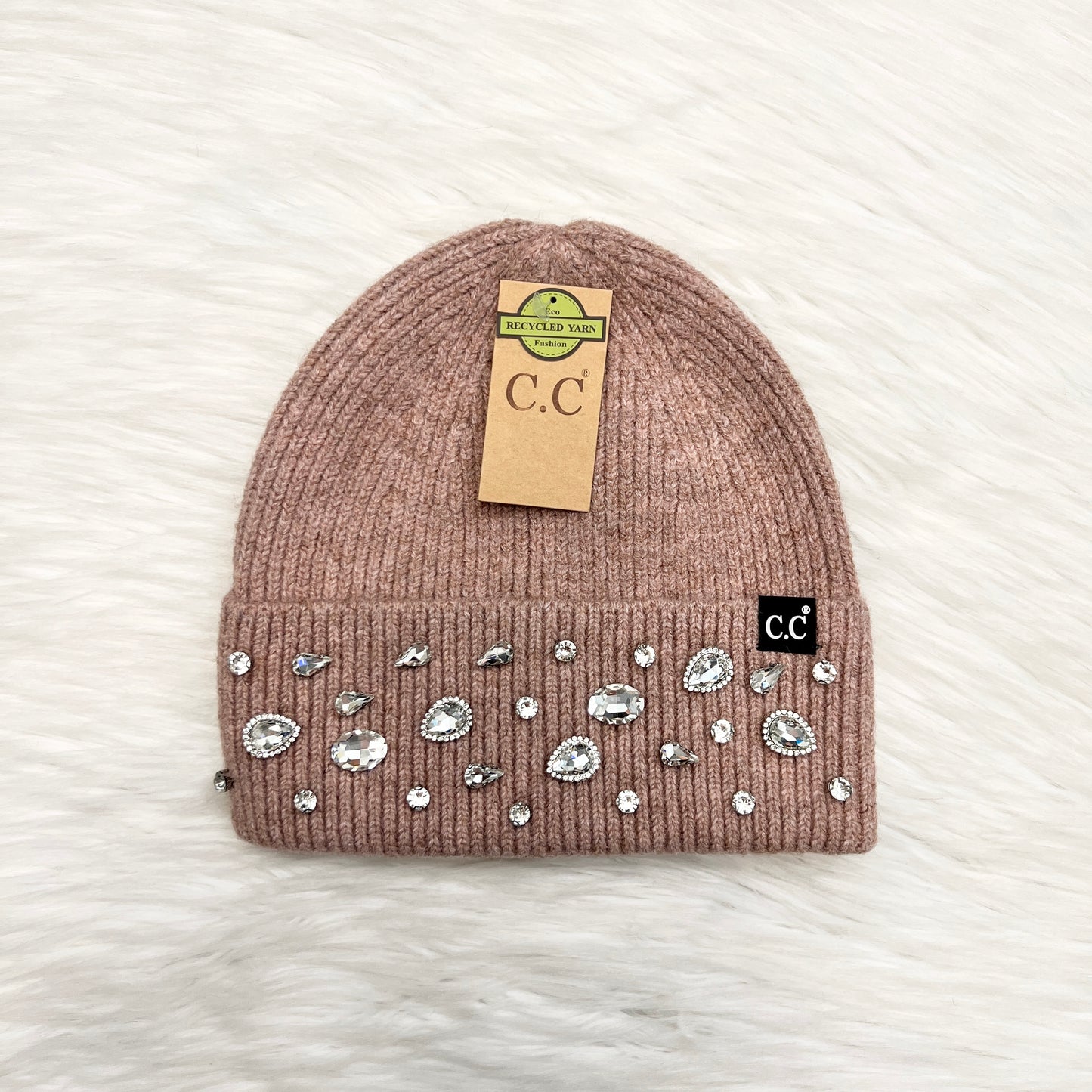 C.C Rhinestone Charm Recycled Yarn Cuff Beanie for Adults, Winter Gift Hats, Holiday Gift Beanie, Premium Hat, Winter Accessories, CC Beanie