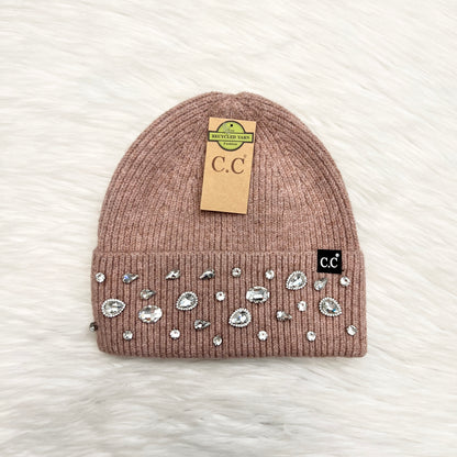 C.C Rhinestone Charm Recycled Yarn Cuff Beanie for Adults, Winter Gift Hats, Holiday Gift Beanie, Premium Hat, Winter Accessories, CC Beanie