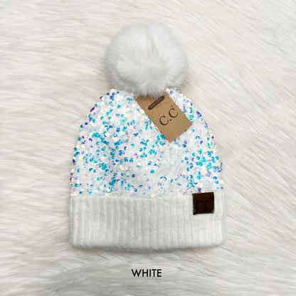 C.C Sparkly Sequin Pom Beanies (Adults), Winter Hat, Winter Beanie, Premium Beanie, Warm Beanie, Colorful Beanie, Holiday Gift, Birthday Gift