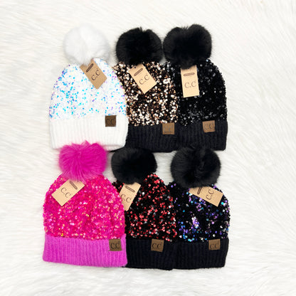 C.C Sparkly Sequin Pom Beanies (Adults), Winter Hat, Winter Beanie, Premium Beanie, Warm Beanie, Colorful Beanie, Holiday Gift, Birthday Gift