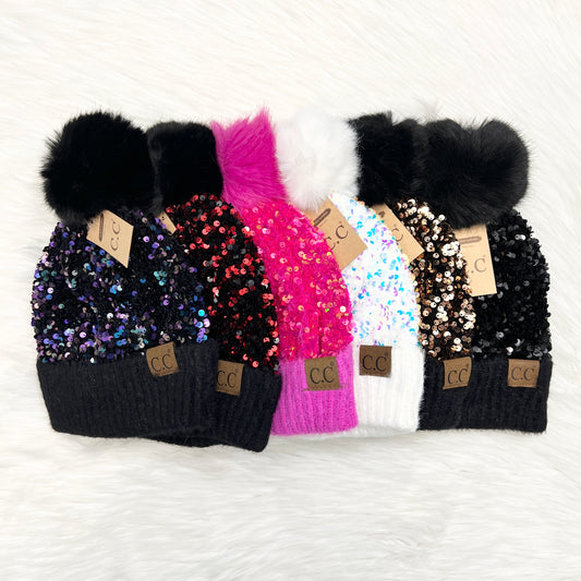 C.C Sparkly Sequin Pom Beanies (Adults), Winter Hat, Winter Beanie, Premium Beanie, Warm Beanie, Colorful Beanie, Holiday Gift, Birthday Gift