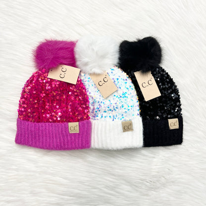 Kids C.C Sparkly Sequin Pom Beanies, Winter Hat, Winter Beanie, Premium Beanie, Warm Beanie, Colorful Beanie, Holiday Gift, Birthday Gift