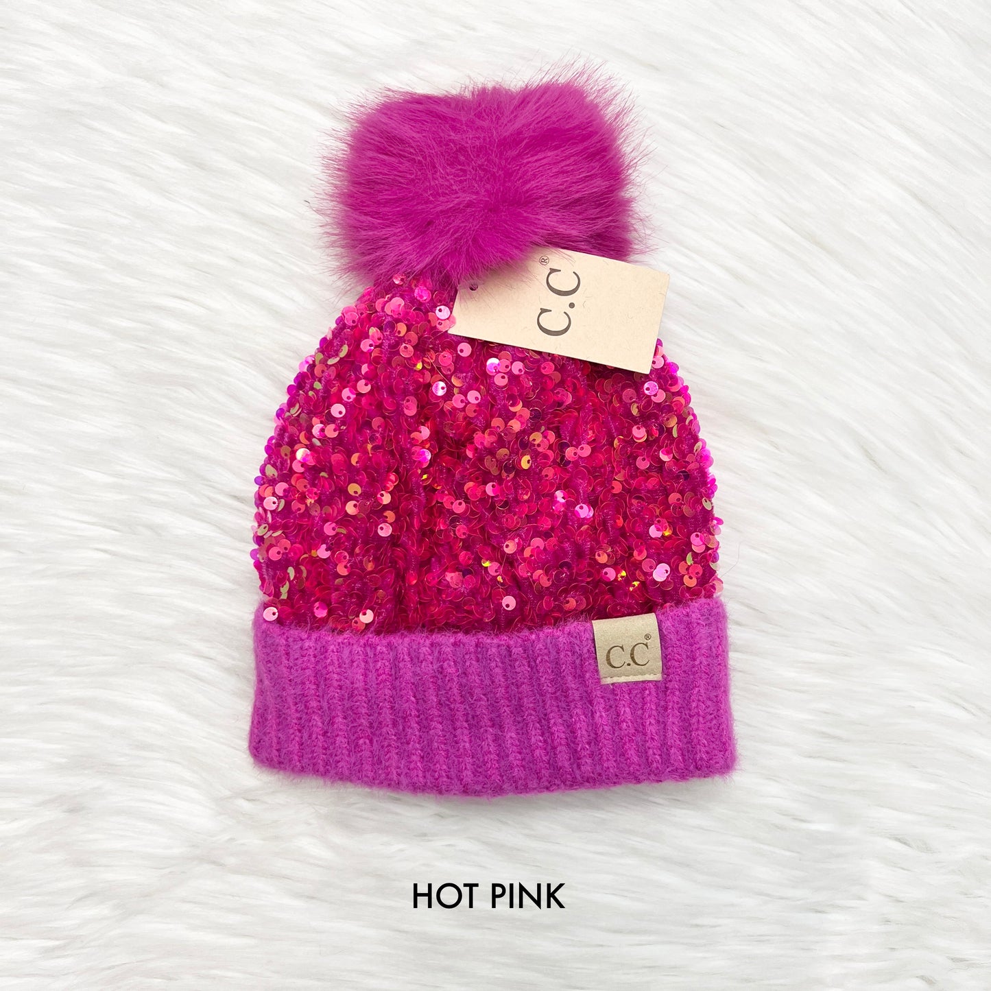 Kids C.C Sparkly Sequin Pom Beanies, Winter Hat, Winter Beanie, Premium Beanie, Warm Beanie, Colorful Beanie, Holiday Gift, Birthday Gift