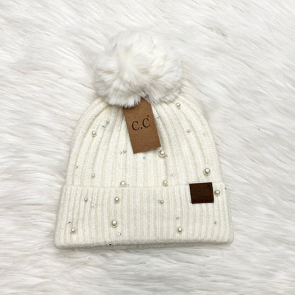 C.C Pearl Accent Pom Beanie for Adults, Winter Hats, Premium Hats, Warm Hats, Winter Accessories, Hair Accessories, Pearl Pom Gift, CC Beanies