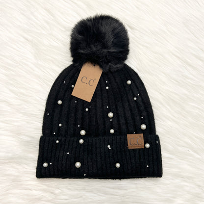 C.C Pearl Accent Pom Beanie for Adults, Winter Hats, Premium Hats, Warm Hats, Winter Accessories, Hair Accessories, Pearl Pom Gift, CC Beanies