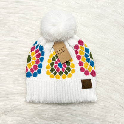 C.C Flower Crochet Print Pom Beanie (Adults), Winter Hat, Winter Beanie, Premium Beanie, Warm Beanie, Colorful Beanie, Holiday Gift, Birthday Gift