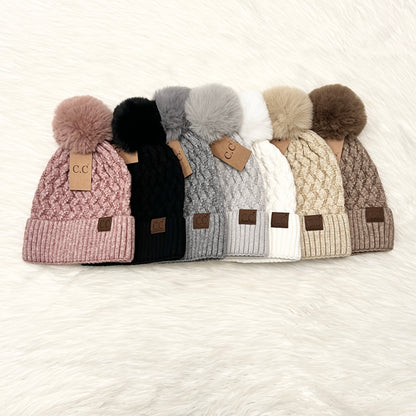 C.C Woven Cable Pom Beanie for Adults, Winter Hats, Premium Hats, Warm Hats, Winter Accessories, Hair Accessories, Knit Pom Gift, CC Beanies