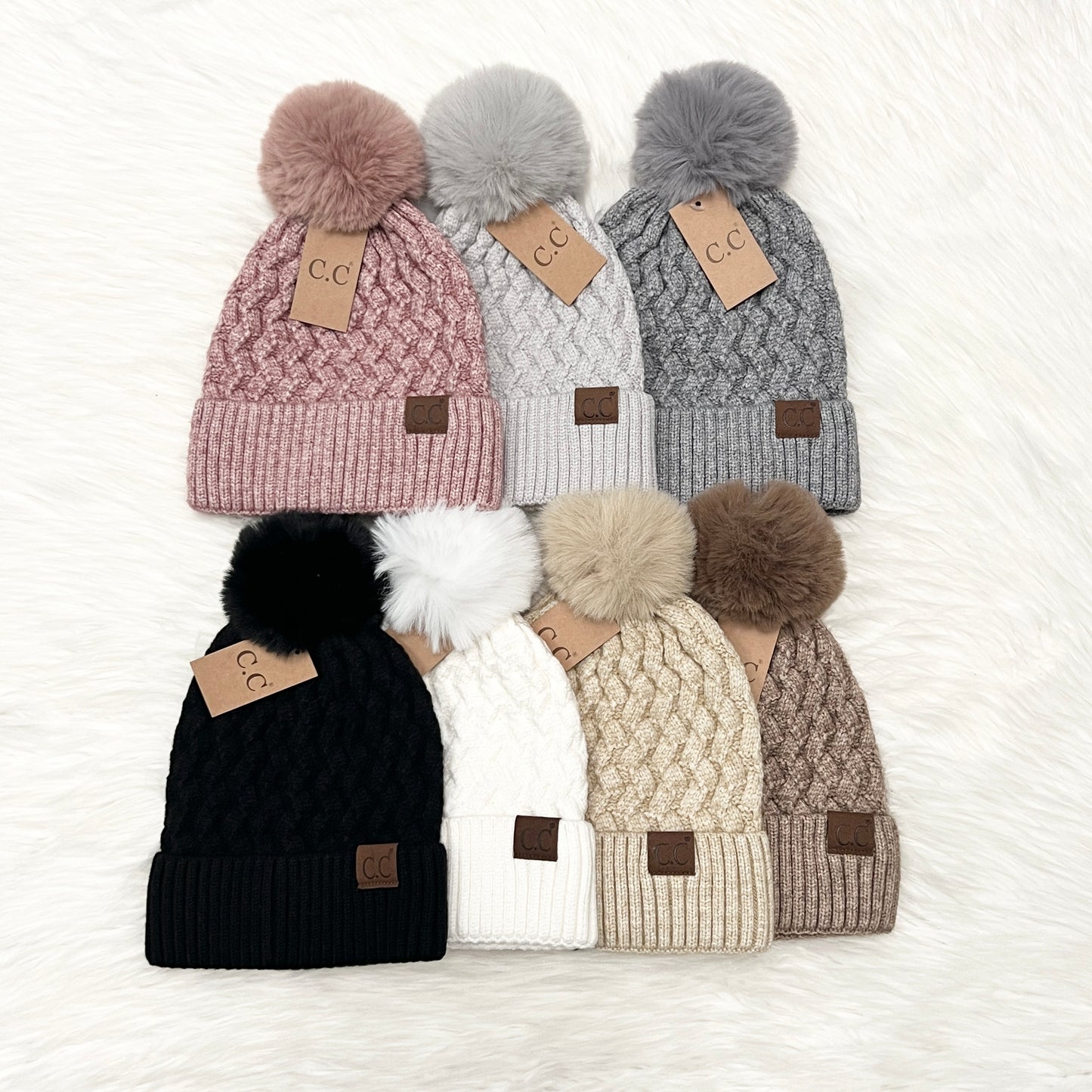 C.C Woven Cable Pom Beanie for Adults, Winter Hats, Premium Hats, Warm Hats, Winter Accessories, Hair Accessories, Knit Pom Gift, CC Beanies