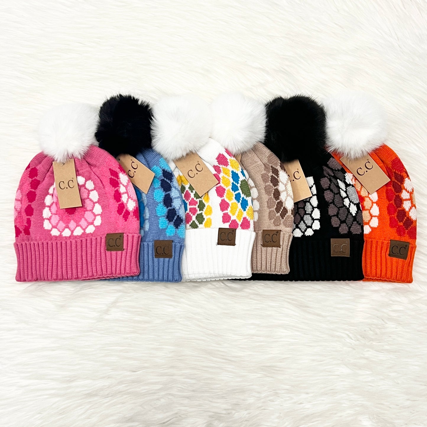 C.C Flower Crochet Print Pom Beanie (Adults), Winter Hat, Winter Beanie, Premium Beanie, Warm Beanie, Colorful Beanie, Holiday Gift, Birthday Gift