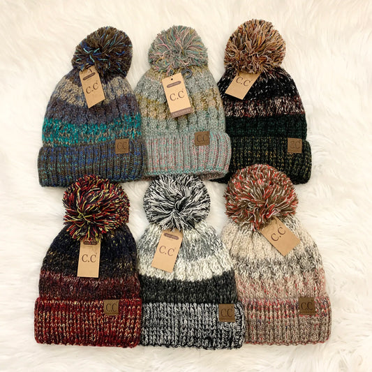C.C Cuffed Mixed Lined Pom Beanies (Adults),  Winter Hat, Winter Beanie, Knit Beanie