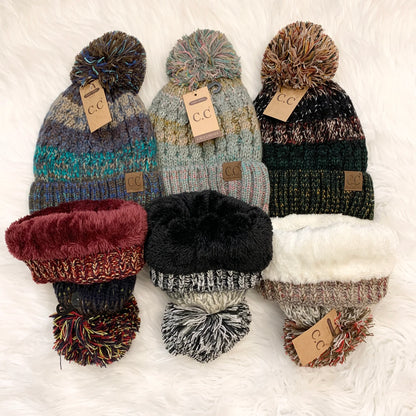 C.C Cuffed Mixed Lined Pom Beanies (Adults),  Winter Hat, Winter Beanie, Knit Beanie